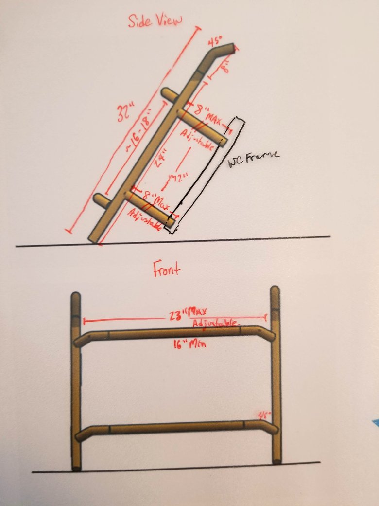 Hand-drawn dimensioned design for the refined leg-protector frame, with side and front views. Annotations in red pen specify adjustable ranges and reference the wheelchair frame geometry it mounts to.