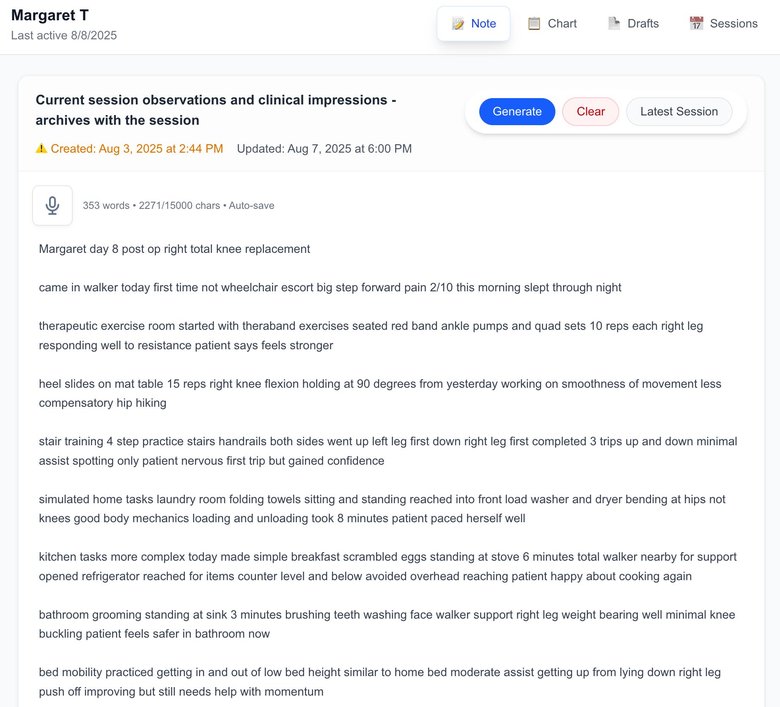 The ot-notes input view: a clinician types raw session shorthand into a single freeform field. Synthetic demo data shown. Designed so clinicians can capture clinically rich notes without formatting overhead.